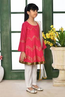 Pink woven cotton silk a line kids salwar suits 2