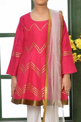 Pink woven cotton silk a line kids salwar suits 4