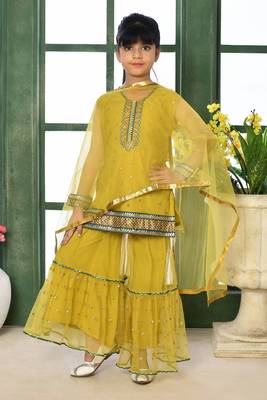 Yellow embroidered net straight kids salwar suits 1