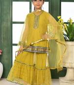 Yellow embroidered net straight kids salwar suits