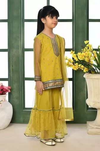 Yellow embroidered net straight kids salwar suits
