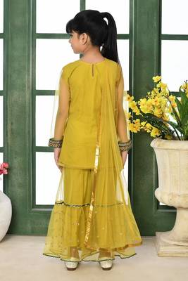Yellow embroidered net straight kids salwar suits 3