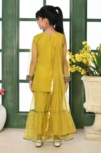 Yellow embroidered net straight kids salwar suits