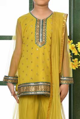 Yellow embroidered net straight kids salwar suits 4