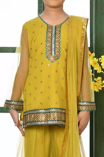 Yellow embroidered net straight kids salwar suits