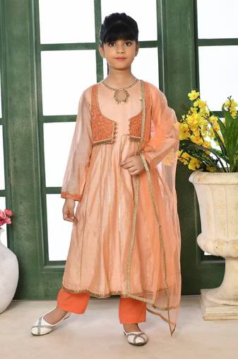 Pink embroidered chanderi silk a line kids salwar suits
