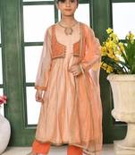 Pink embroidered chanderi silk a line kids salwar suits