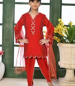 Red embroidered faux georgette a line kids salwar suits