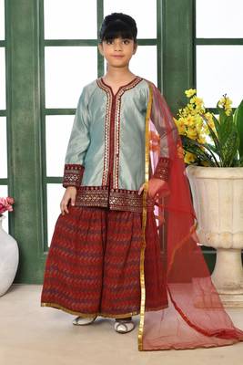 Grey embroidered chanderi silk straight kids salwar suits 1