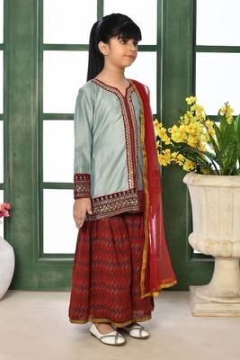 Grey embroidered chanderi silk straight kids salwar suits 2