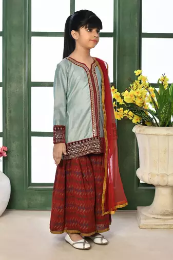 Grey embroidered chanderi silk straight kids salwar suits