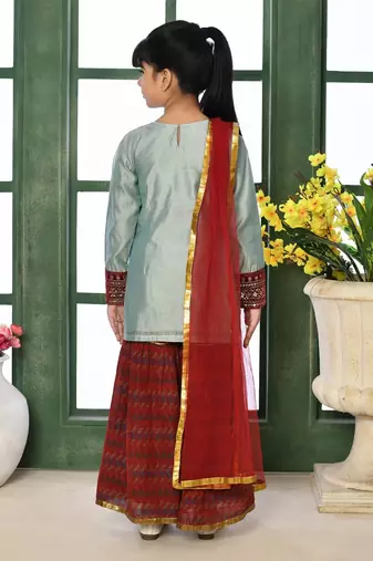 Grey embroidered chanderi silk straight kids salwar suits