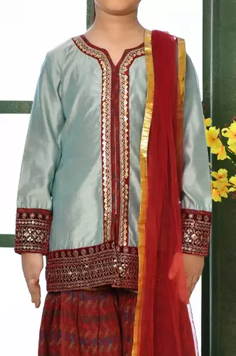 Grey embroidered chanderi silk straight kids salwar suits