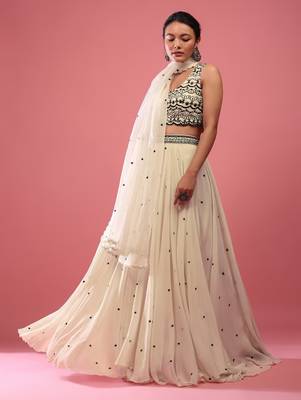 Beige Sequnce Embroidery work Flared Lehenga Choli With Dupatta Semi Stitched. 1