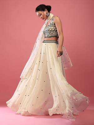 Beige Sequnce Embroidery work Flared Lehenga Choli With Dupatta Semi Stitched. 3