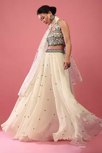 Beige Sequnce Embroidery work Flared Lehenga Choli With Dupatta Semi Stitched.