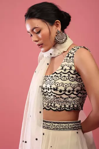 Beige Sequnce Embroidery work Flared Lehenga Choli With Dupatta Semi Stitched.