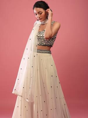 Beige Sequnce Embroidery work Flared Lehenga Choli With Dupatta Semi Stitched. 5
