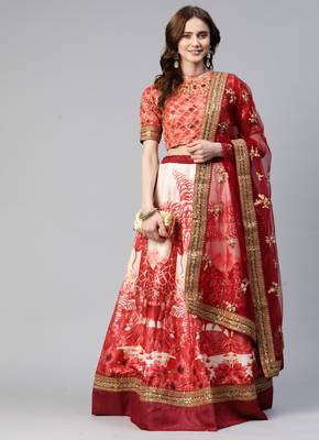 RED PRINT WITH STONE & SEQUINS EMBROIDERED CHENNAI SILK FESTIVE BRIDAL WEDDING & PARTY WEAR SEMI STITCHED LEHENGA CHOLI 1