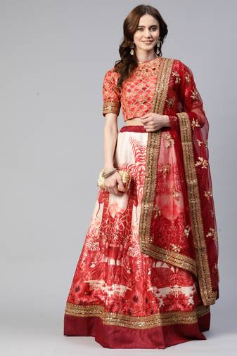 RED PRINT WITH STONE & SEQUINS EMBROIDERED CHENNAI SILK FESTIVE BRIDAL WEDDING & PARTY WEAR SEMI STITCHED LEHENGA CHOLI