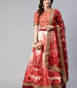RED PRINT WITH STONE & SEQUINS EMBROIDERED CHENNAI SILK FESTIVE BRIDAL WEDDING & PARTY WEAR SEMI STITCHED LEHENGA CHOLI