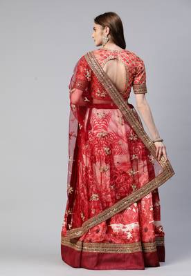 RED PRINT WITH STONE & SEQUINS EMBROIDERED CHENNAI SILK FESTIVE BRIDAL WEDDING & PARTY WEAR SEMI STITCHED LEHENGA CHOLI 2