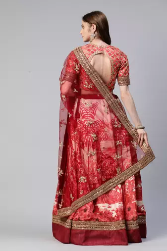 RED PRINT WITH STONE & SEQUINS EMBROIDERED CHENNAI SILK FESTIVE BRIDAL WEDDING & PARTY WEAR SEMI STITCHED LEHENGA CHOLI