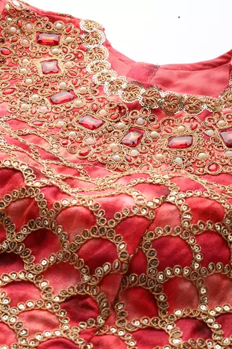 RED PRINT WITH STONE & SEQUINS EMBROIDERED CHENNAI SILK FESTIVE BRIDAL WEDDING & PARTY WEAR SEMI STITCHED LEHENGA CHOLI