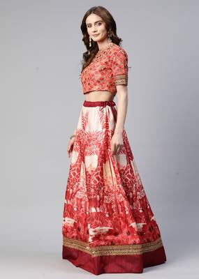 RED PRINT WITH STONE & SEQUINS EMBROIDERED CHENNAI SILK FESTIVE BRIDAL WEDDING & PARTY WEAR SEMI STITCHED LEHENGA CHOLI 5