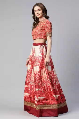 RED PRINT WITH STONE & SEQUINS EMBROIDERED CHENNAI SILK FESTIVE BRIDAL WEDDING & PARTY WEAR SEMI STITCHED LEHENGA CHOLI