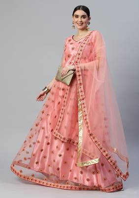 PEACH ZARI & SEQUINS EMBROIDERED SOFT NET FESTIVE BRIDAL WEDDING & PARTY WEAR SEMI STITCHED LEHENGA CHOLI 1