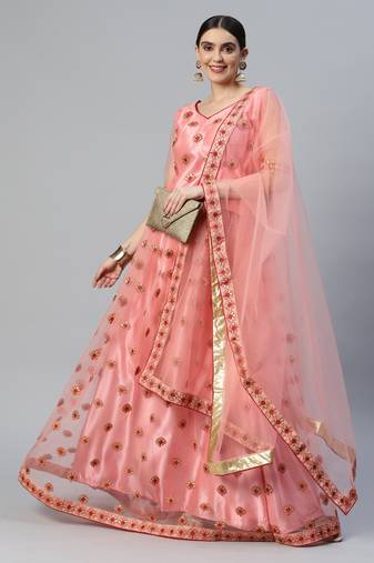 PEACH ZARI & SEQUINS EMBROIDERED SOFT NET FESTIVE BRIDAL WEDDING & PARTY WEAR SEMI STITCHED LEHENGA CHOLI