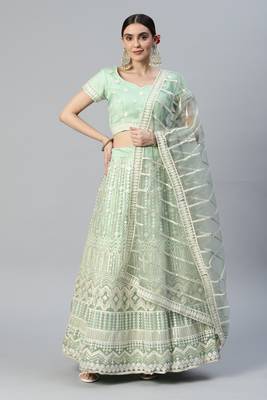 MINT GREEN LAKHNAVI ZARI & SEQUINS EMBROIDERED SOFT NET FESTIVE WEDDING & DESIGNER PARTY SEMI STITCHED LEHENGA CHOLI 1