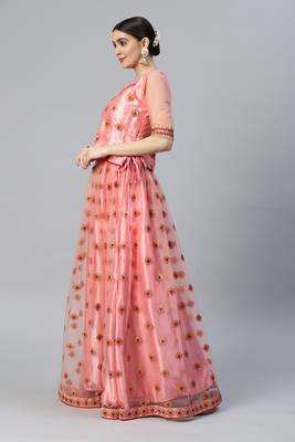 PEACH ZARI & SEQUINS EMBROIDERED SOFT NET FESTIVE BRIDAL WEDDING & PARTY WEAR SEMI STITCHED LEHENGA CHOLI 2