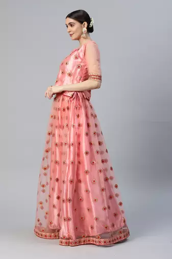 PEACH ZARI & SEQUINS EMBROIDERED SOFT NET FESTIVE BRIDAL WEDDING & PARTY WEAR SEMI STITCHED LEHENGA CHOLI