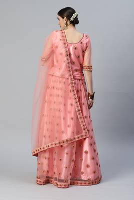 PEACH ZARI & SEQUINS EMBROIDERED SOFT NET FESTIVE BRIDAL WEDDING & PARTY WEAR SEMI STITCHED LEHENGA CHOLI 3