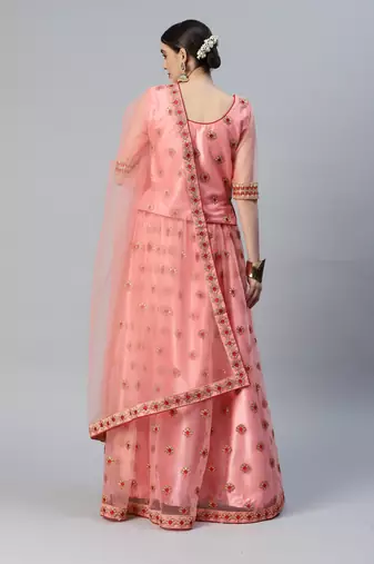 PEACH ZARI & SEQUINS EMBROIDERED SOFT NET FESTIVE BRIDAL WEDDING & PARTY WEAR SEMI STITCHED LEHENGA CHOLI