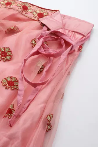 PEACH ZARI & SEQUINS EMBROIDERED SOFT NET FESTIVE BRIDAL WEDDING & PARTY WEAR SEMI STITCHED LEHENGA CHOLI