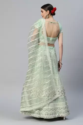 MINT GREEN LAKHNAVI ZARI & SEQUINS EMBROIDERED SOFT NET FESTIVE WEDDING & DESIGNER PARTY SEMI STITCHED LEHENGA CHOLI
