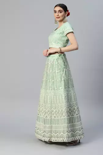 MINT GREEN LAKHNAVI ZARI & SEQUINS EMBROIDERED SOFT NET FESTIVE WEDDING & DESIGNER PARTY SEMI STITCHED LEHENGA CHOLI