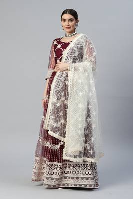 WINE COTTON EMBROIDERED SOFT NET FESTIVE WEDDING & DESIGNER PARTY SEMI STITCHED LEHENGA CHOLI 1