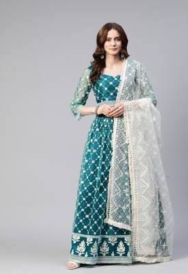 TEAL GREEN COTTON EMBROIDERED SOFT NET FESTIVE WEDDING & DESIGNER PARTY SEMI STITCHED LEHENGA CHOLI 1