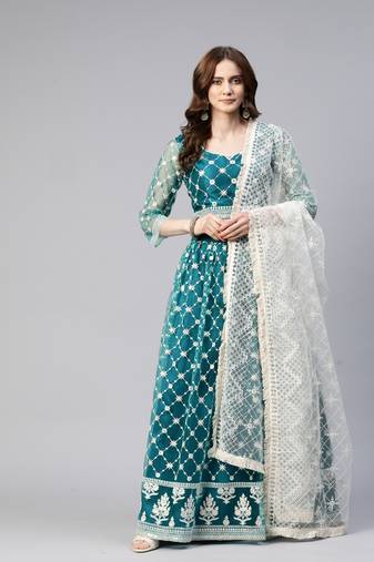 TEAL GREEN COTTON EMBROIDERED SOFT NET FESTIVE WEDDING & DESIGNER PARTY SEMI STITCHED LEHENGA CHOLI