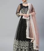 BLACK COTTON EMBROIDERED SOFT NET FESTIVE WEDDING & DESIGNER PARTY SEMI STITCHED LEHENGA CHOLI