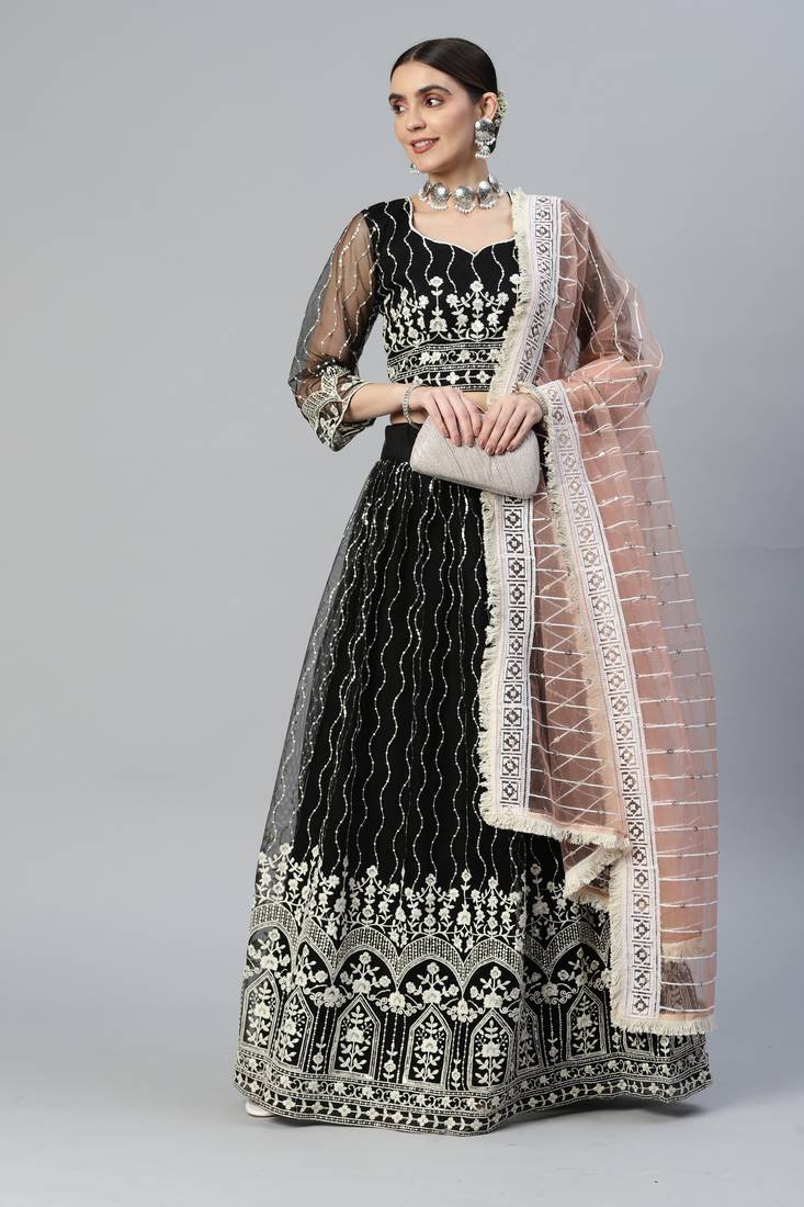 BLACK COTTON EMBROIDERED SOFT NET FESTIVE WEDDING & DESIGNER PARTY SEMI STITCHED LEHENGA CHOLI