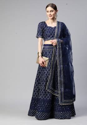 BLUE THREAD SEQUINS EMBROIDERED NET FESTIVE WEDDING & DESIGNER PARTY SEMI STITCHED LEHENGA CHOLI 1