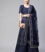 BLUE THREAD SEQUINS EMBROIDERED NET FESTIVE WEDDING & DESIGNER PARTY SEMI STITCHED LEHENGA CHOLI