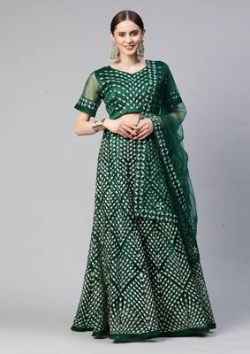 GREEN THREAD SEQUINS EMBROIDERED NET FESTIVE WEDDING & DESIGNER PARTY SEMI STITCHED LEHENGA CHOLI 1