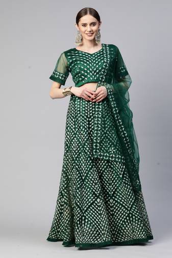 GREEN THREAD SEQUINS EMBROIDERED NET FESTIVE WEDDING & DESIGNER PARTY SEMI STITCHED LEHENGA CHOLI
