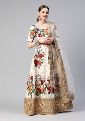WHITE DIGITAL PRINT DORI SEQUINS EMBROIDERED WITH PEARL WORK ART SILK FESTIVE DESIGNER PARTY SEMI STITCHED LEHENGA CHOLI 1